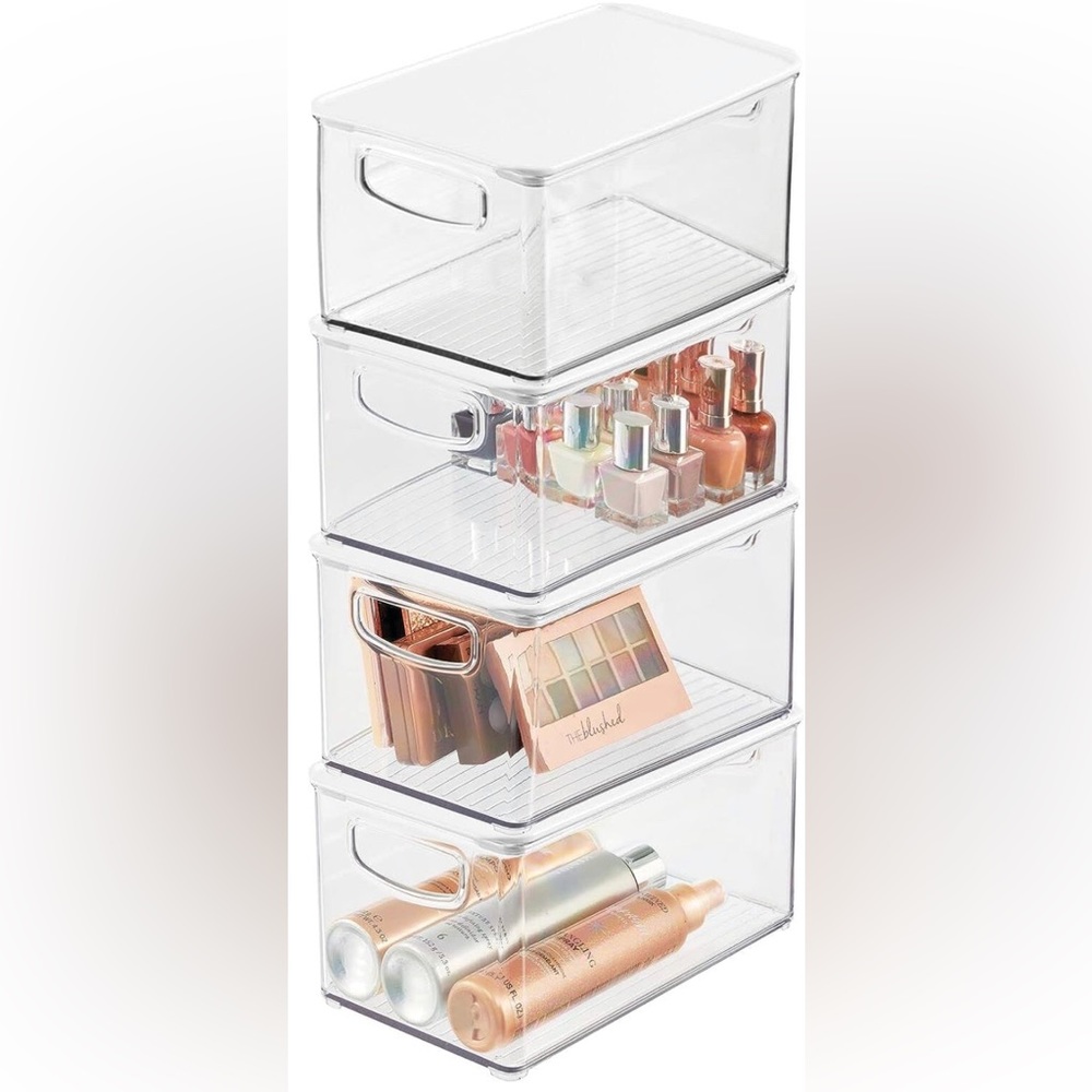 Deep Plastic Bathroom Storage Bin Box, Lid/Built-in Handles, 4 pack, clear/white